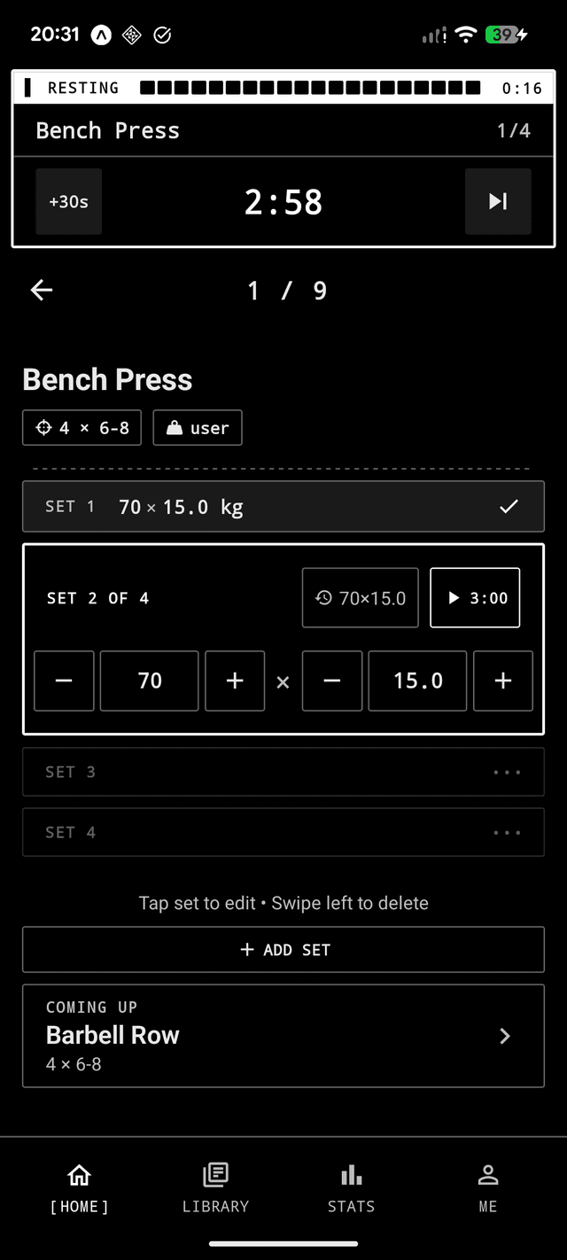TRN Active Workout — exercise logging with rest timer