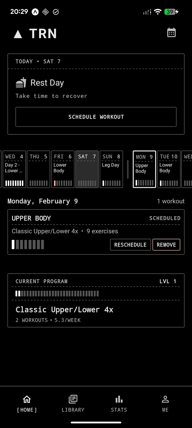 TRN Home Screen — calendar, today card, active program