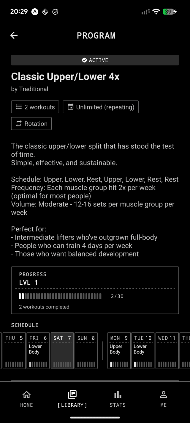 TRN Program Detail — workout structure, active program