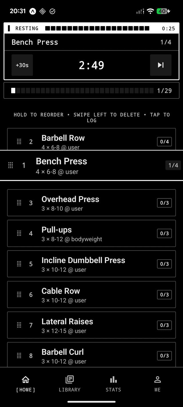 TRN Workout Overview — session progress and exercises